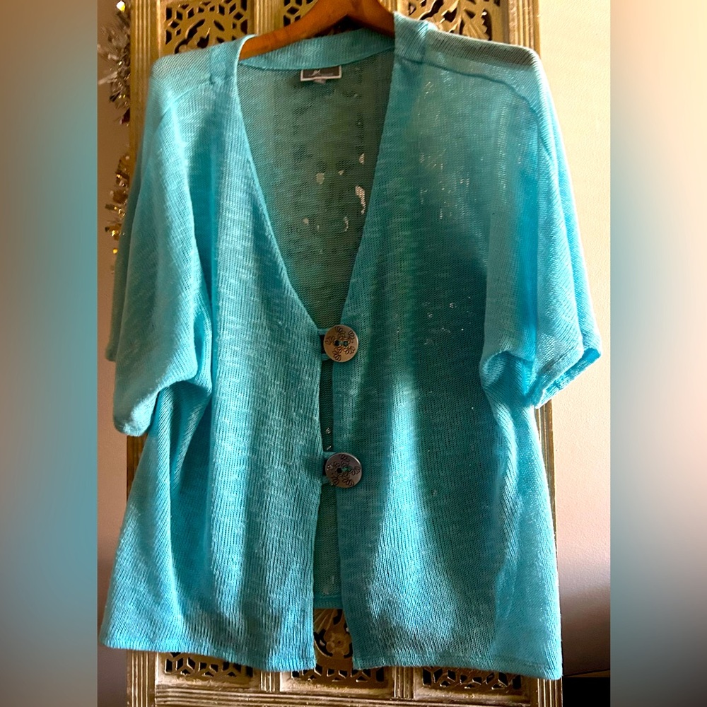 JM COLLECTION women Aqua teal linen top cardigan short sleeves summer spring